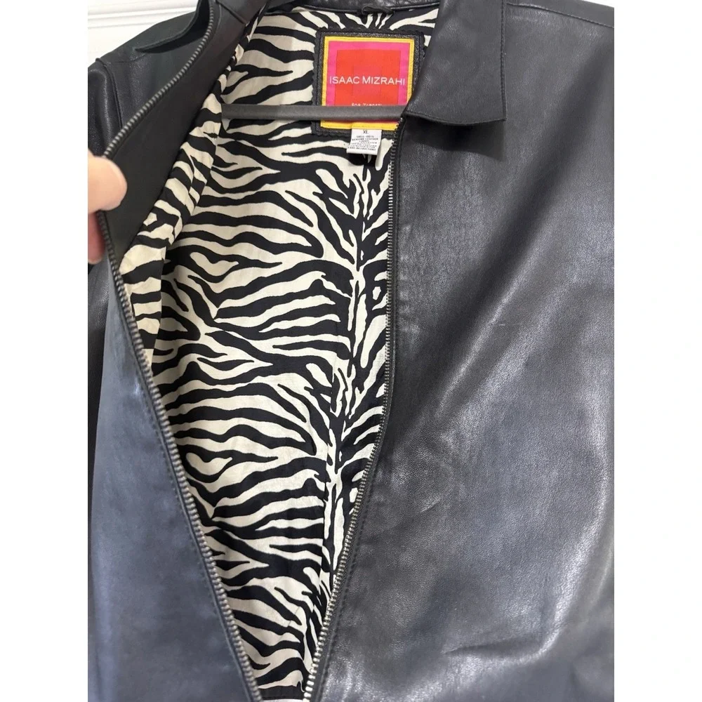 Vintage Isaac Mizrahi Black Leather Jacket Zebra Lining‎ Zip Moto Womens Sz XL